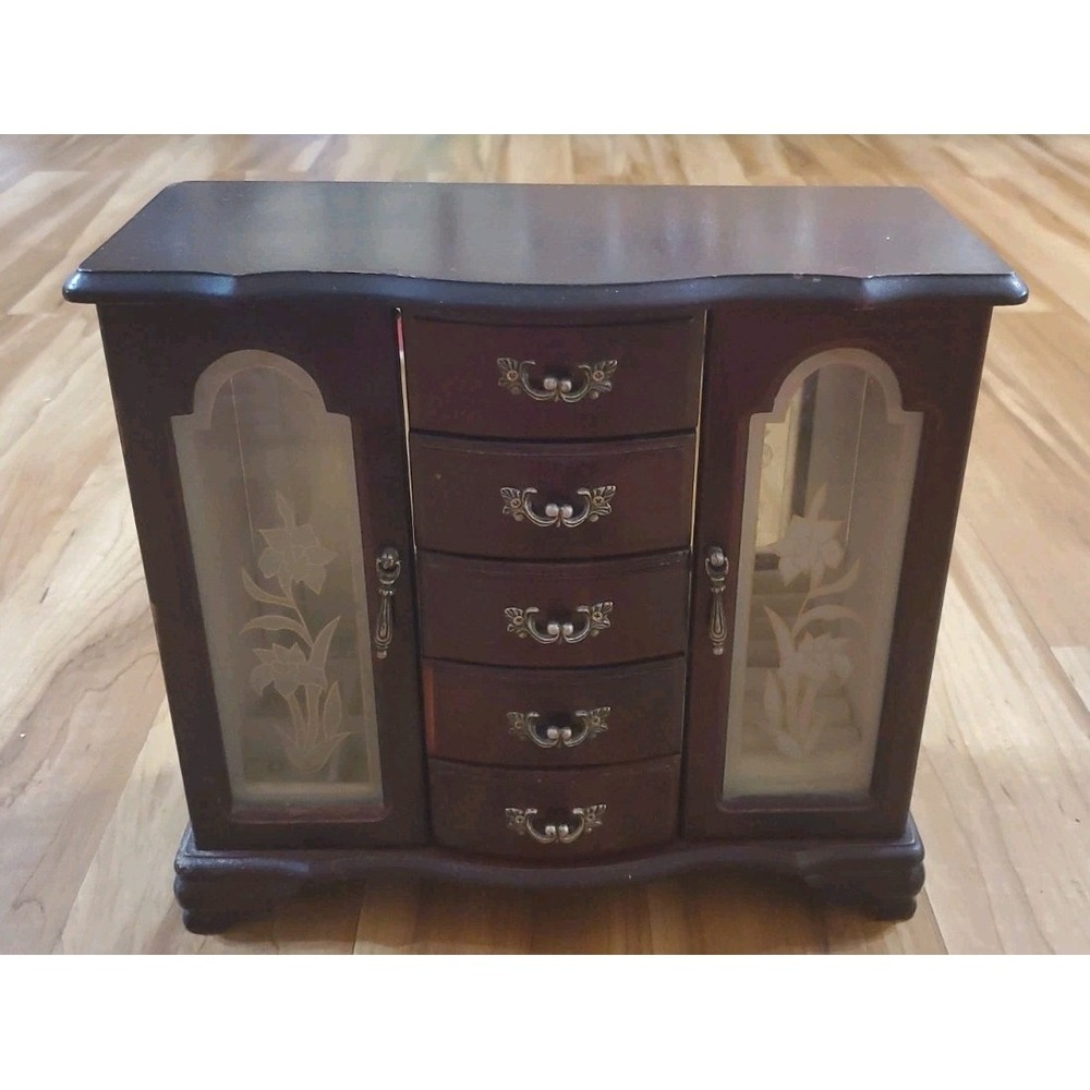 Vintage Wooden Armoire Style Jewelry Box Multiple Drawers FLAWED